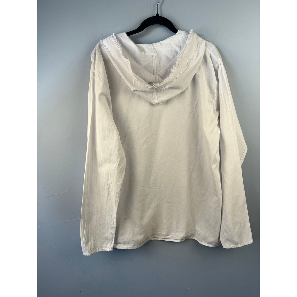 Mens White Organic Cotton Long Sleeve Hoodie SZ L Raw Edge Fringe Beach Sailing - Picture 5 of 5